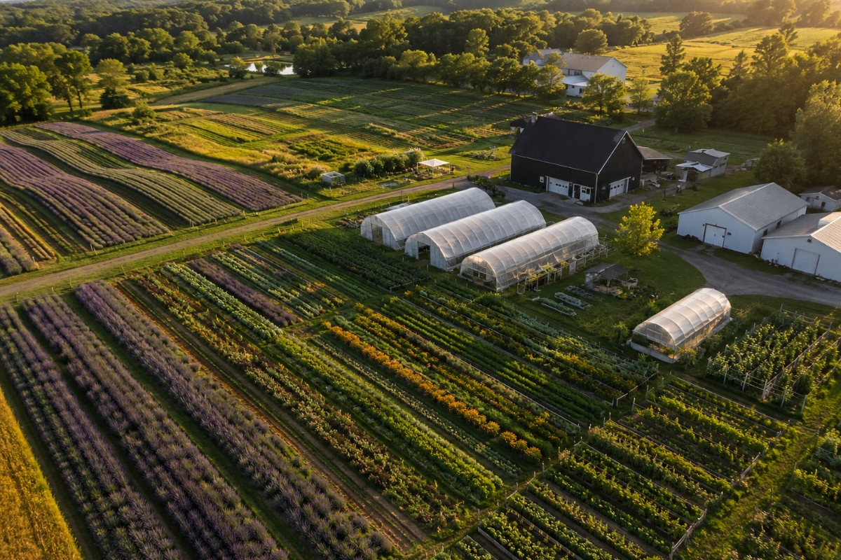 Aerial view of Bodytruth Family Farms — lush working farmland in SE Michigan