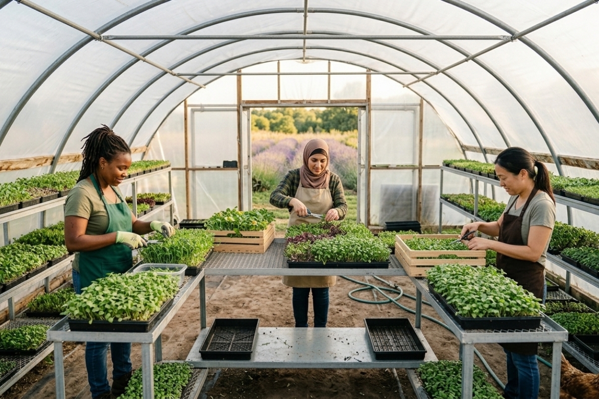 Inside the greenhouse at Bodytruth Family Farms — seedling trays and warm filtered light