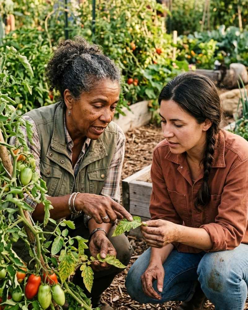 An Earth Keeper working alongside a Bootcamp participant in the garden