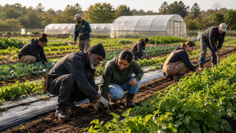 Farm steward working alongside participants in the field